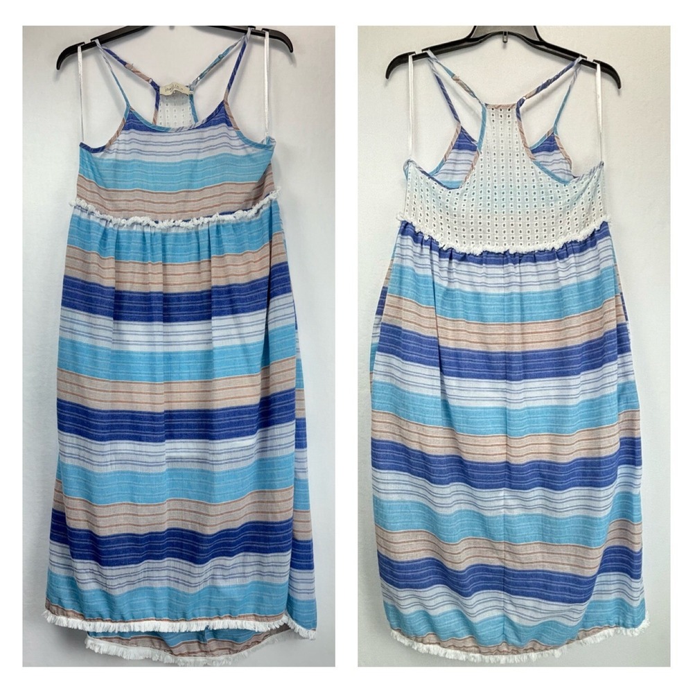 Striped Boho Sundress Fringe Eyelet Back Beach Coverup Blue White Midi Maxi Med